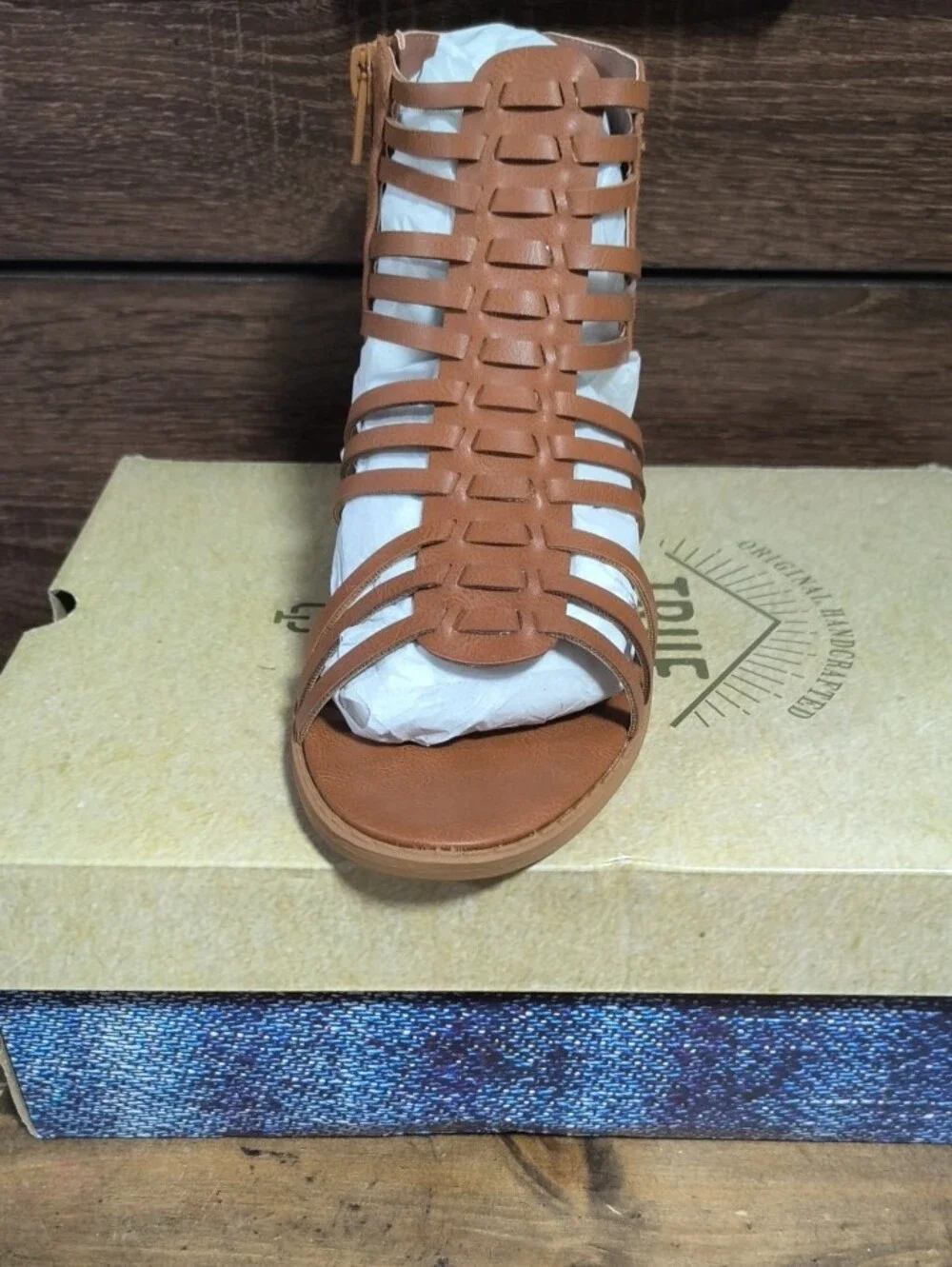 True Craft Tan Strappy Gladiator Sandals with Side Zipper